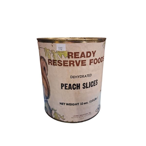 1950s Squirrel Ready Reserves peaches can 1 gallon, paper label, hard to find