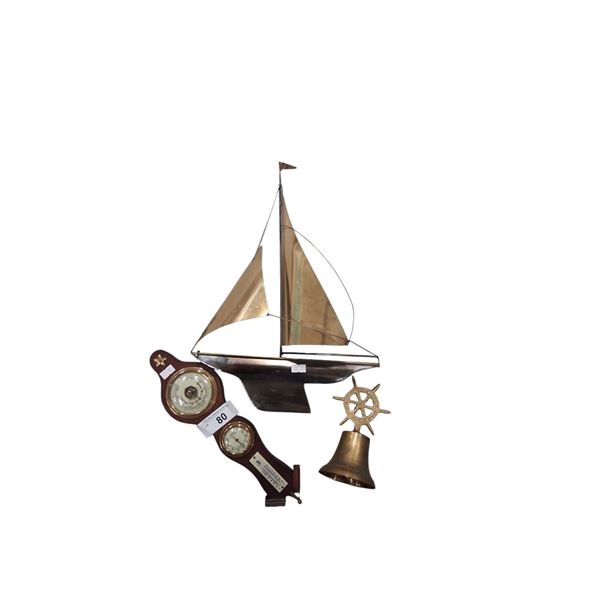 3 collectable brass pieces inc. ships bell, thermometer, wall piece