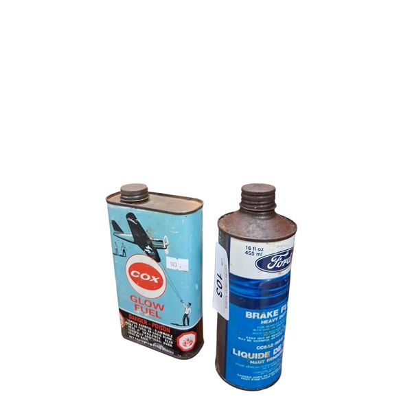 Vintage 16 oz brake fluid tin and 20 oz glow fuel tin