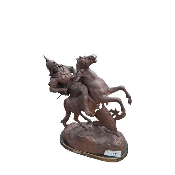 Metal warrior on horse statue 18"