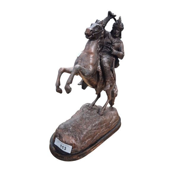 Metal warrior on horse statue 18"