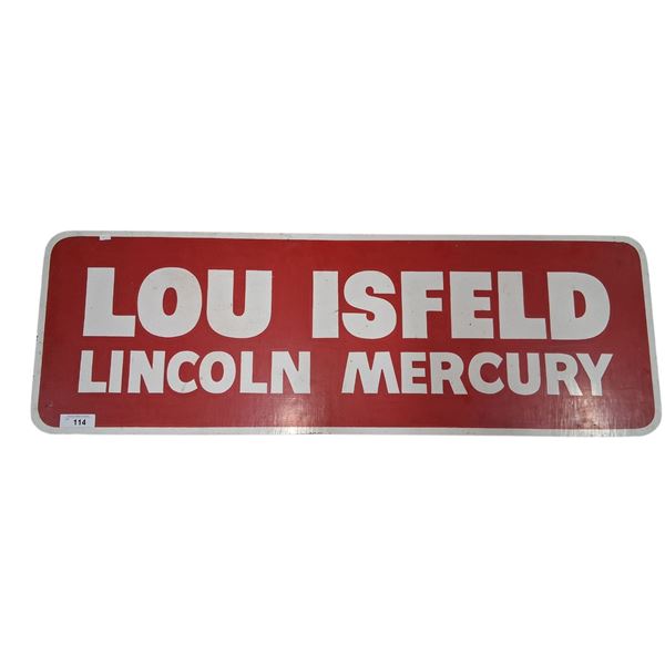 Vintage Lou Isfeld Lincoln Mercury double sided wooden sign with hanging hook eyes 44"x16"
