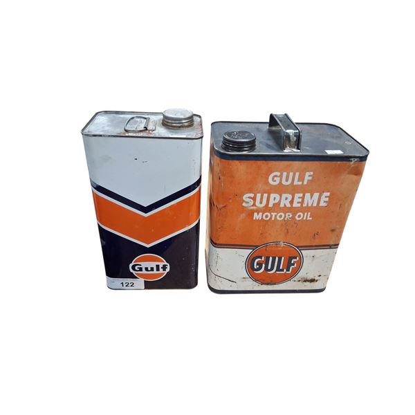 Vintage 2 US gallon Gulf oil tin & vintage 1 gallon Gulf oil tin
