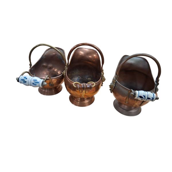 3 antique copper pots with lions heads