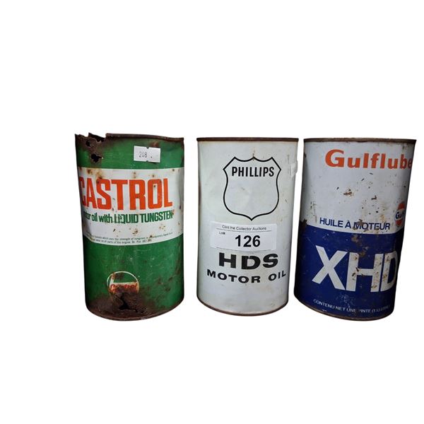3 1 quart vintage tins Gulf, Castrol, Phillips