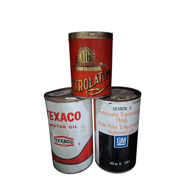2 1 quart oil tins Texaco & GM, and 1 one pound petroleum tin