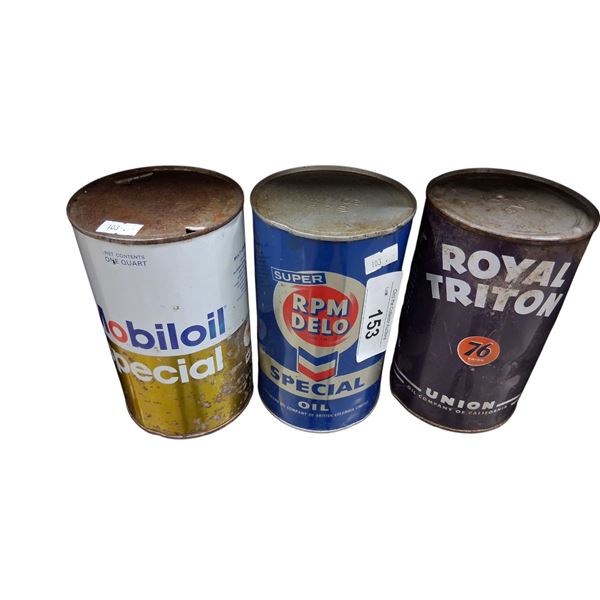 3 1 quart oil tins, Royal Triton, RPM, Mobiloil