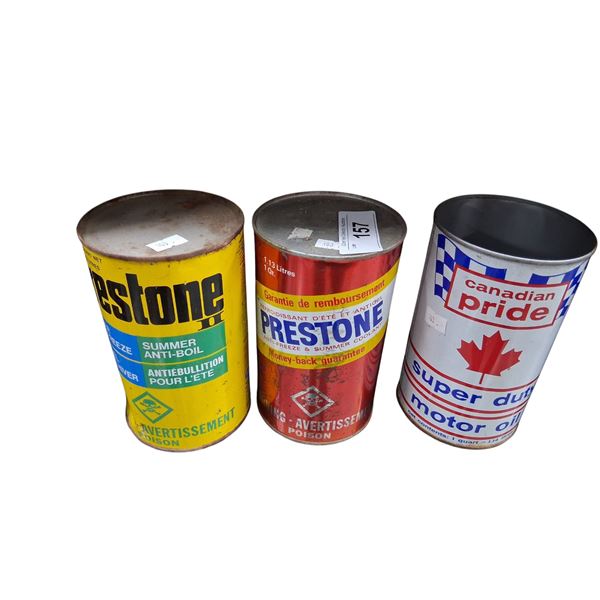 3 1 quart oil tins, Prestone, Canadian Pride