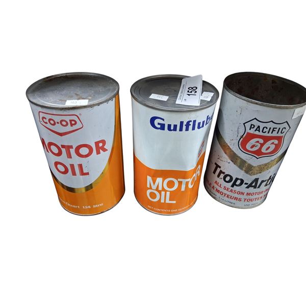 3 1 quart oil tins, Co-op, Gulf, Pacific 66