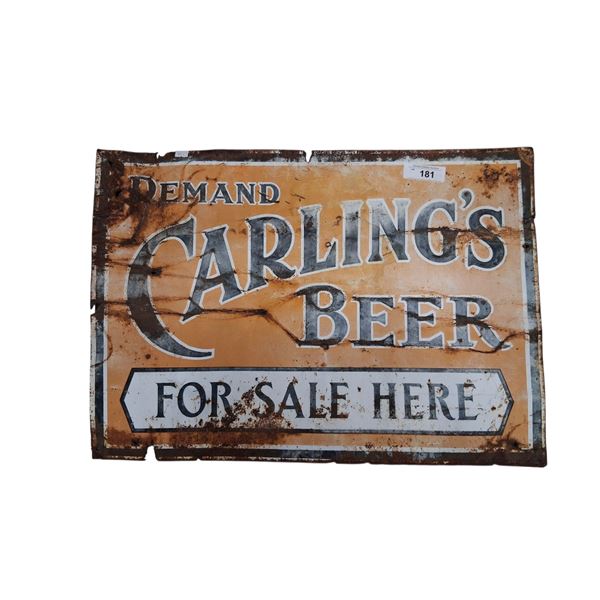 Antique 1920s metal Carling's Beer sign, 28"x20" over 100 years old