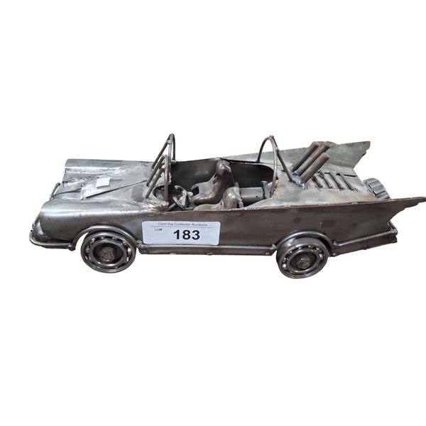 Folk art brutalist hand made metal Batmobile, heavy, 13" long