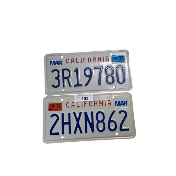 2 vintage California license plates, 93 & 89