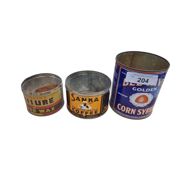 Collection of 3 vintage tins inc 5 lb Beehive, Sanka, Shanahan's