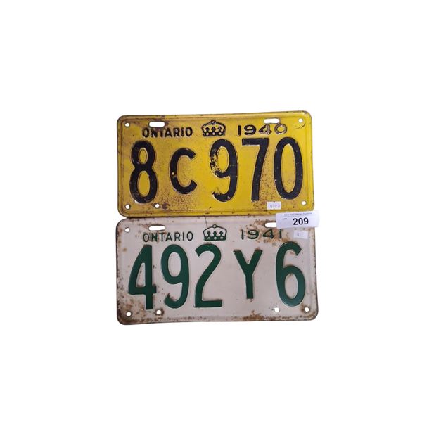 Vintage 1940 and 41 Ontario license plates