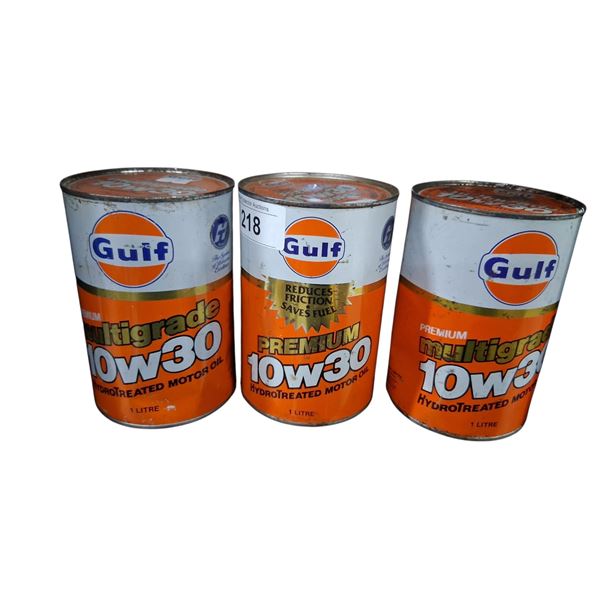 3 1 litre Gulf oil cans all full