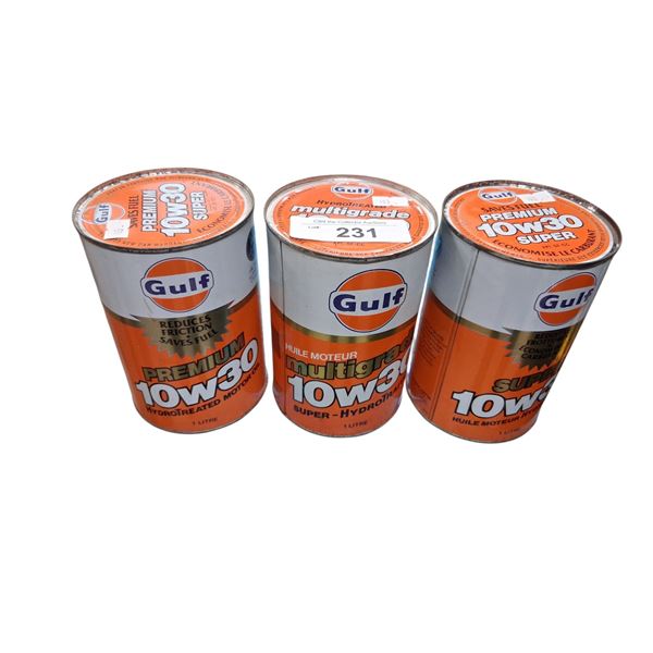 3 1 litre Gulf oil tins, full