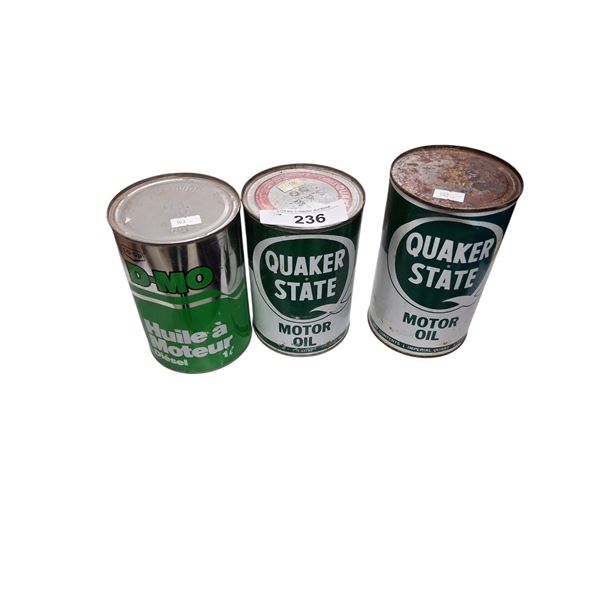 3 vintage 1 litre oil cans, Quaker State & D-MO