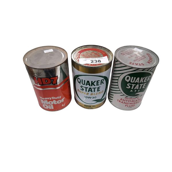 3 1 litre vintage oil cans, Quaker State & Co-op