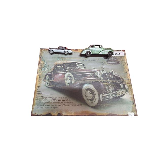 Decorative vintage car painting on canvas & 2 vintage die cast cars picture is 16"x12"