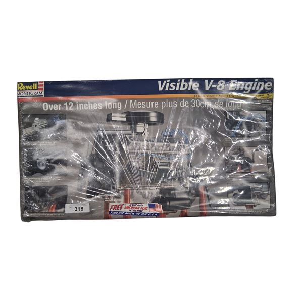 NIB Visible V-8 engine model, box is 27"x16"x5"