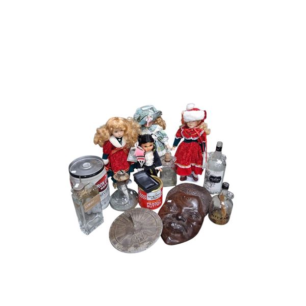 Large lot including vintage dolls, tins, oil lamp, wooden mask, Coors Light wallet