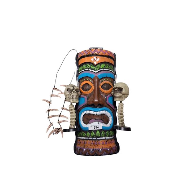 Lot inc novelty Tiki mask, Voodoo necklace, & 2 skulls