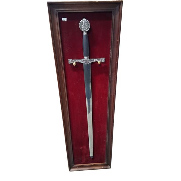Nicely displayed medieval sword on wood and velvet frame 49"x13"