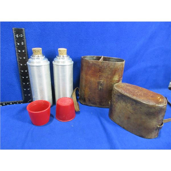 2 Vintage Glass Lined Thermos Bottles w/ Leather Carry Case