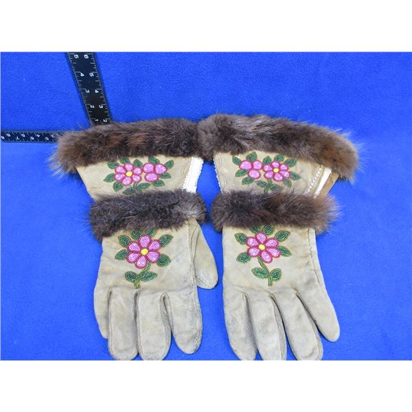 Native American Leather Gloves with Beadwork and Fur