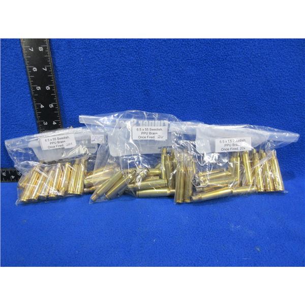 Brass Only - 6.5X55 Swedish 1x Fired Unprimed PPU - 3 Bags of 20
