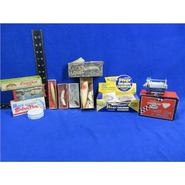 Lot of Misc. Vintage Lures, Leaders & Reel with Original Packaging