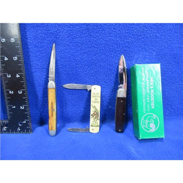 3 Folding Blade Knives - Bertram Solingen, Calgary Stampede, Unknown