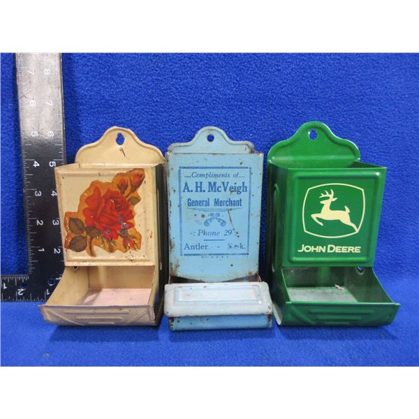 3 Vintage Match Box Holders - John Deere, A.H. McVeigh, Unknown