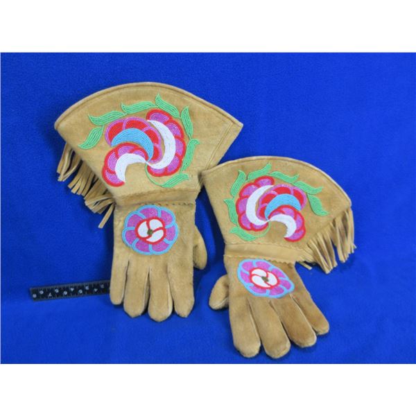 Native American Leather Gloves with Beadwork and Fringes
