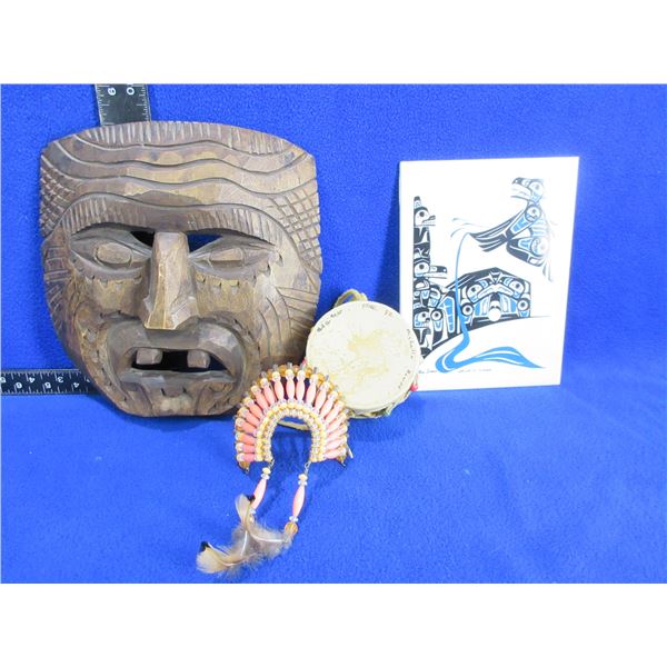 4 Misc. Lots - Origin of Water Tile, Small Drum, Beaded Decoration, Wood Mask