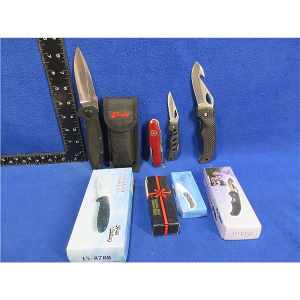 3 Folding Lock Blade Clip Knives and a Swiss Style Knife