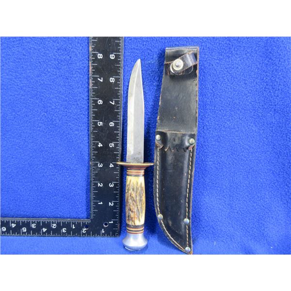 Vintage Fixed Blade Knife w/ Stag Handle & Leather Sheath