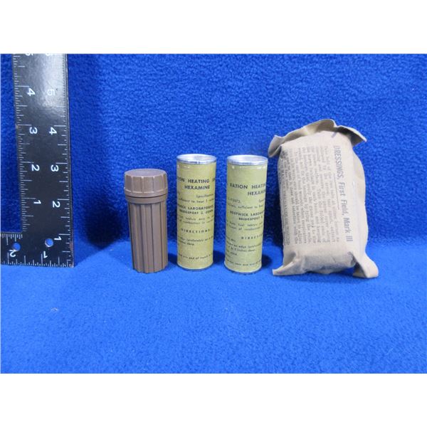 2 Vintage Military Hexa Heating Fuel Tubes, Field Dressing & Match Safe