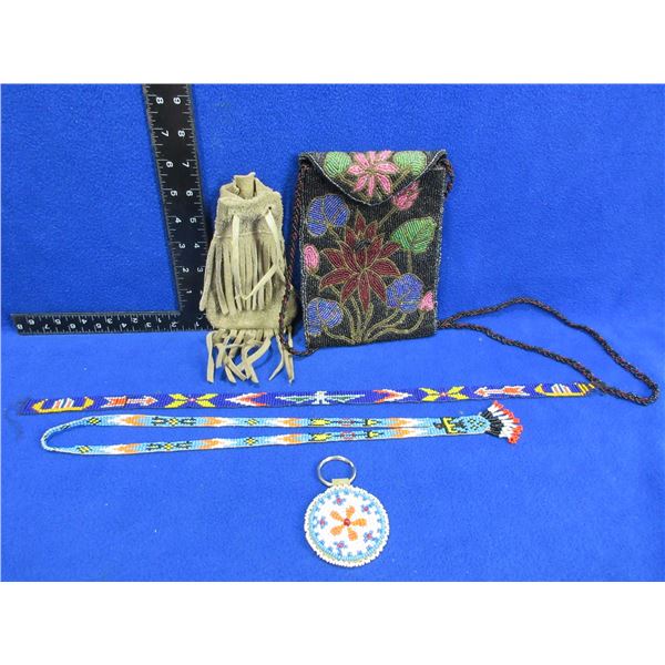 Native American Beaded Bag, Key Ring, Necklaces and a Leather Pouch