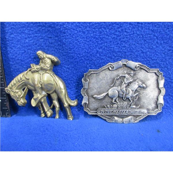 2 Belt Buckles - Winchester Western & Solid Brass 1979 Baron Buckle