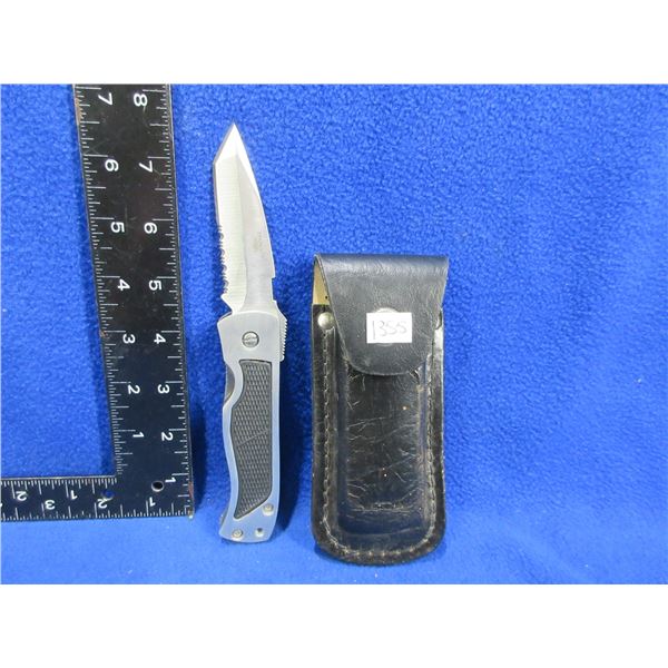 Folding Lock Blade Partially Serrated Knife w/ Leather Sheath