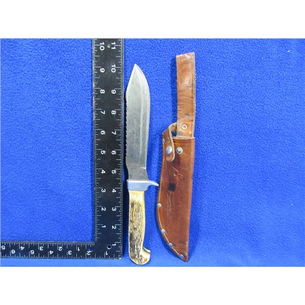Premier Hunter H7 Fixed Blade Knife w/ Stag Handle & Leather Sheath