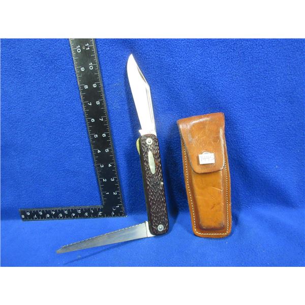 Western USA Folding Lock Blade Knife w/ Saw Blade & Leather Sheath