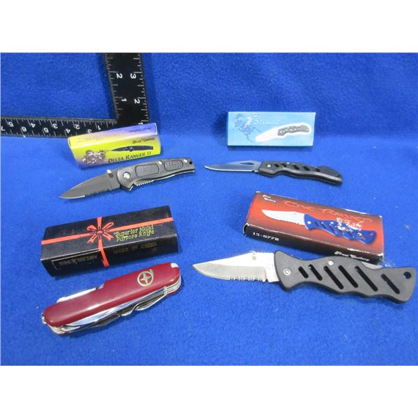 3 Folding Lock Blade Knives and a Swiss Army Style Knife
