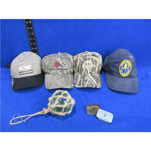Lot of Misc. - 4 Caps, Glass Fishing Float, Mustad-Carlisle Hooks