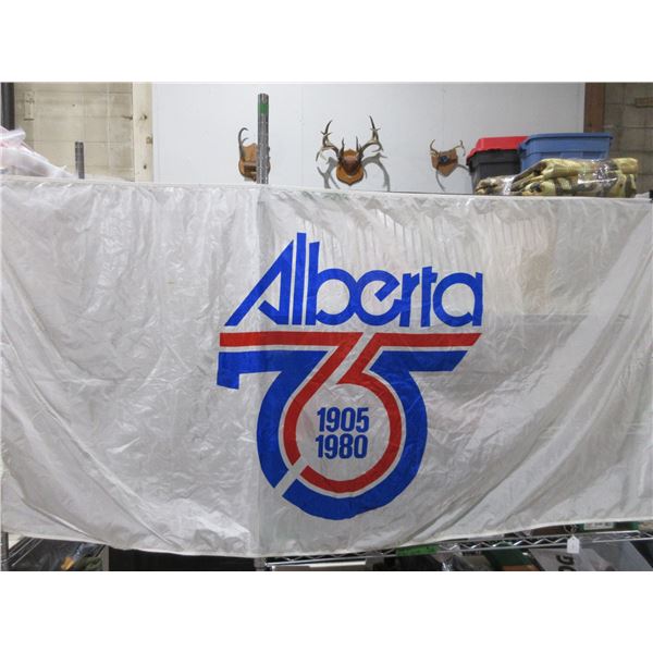 Alberta 75 Flag - 1905 - 3' x 6' Rope & Toggle - Appears to be Nylon. Has some spotting.
