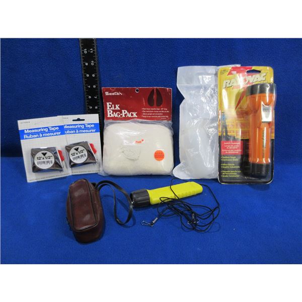 Lot of Misc. - 2 Flashlights, 2 Measuring Tapes, Elk Bag, Powder Bottle, Etc.