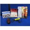 Image 1 : Lot of Misc. - 2 Flashlights, 2 Measuring Tapes, Elk Bag, Powder Bottle, Etc.