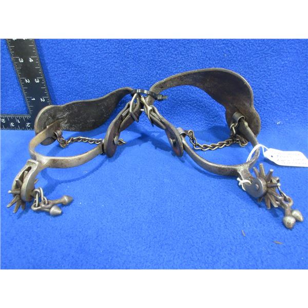 Vintage Pair of Rare Spurs with Heel Chain, Leather Straps & Jingle Bobs