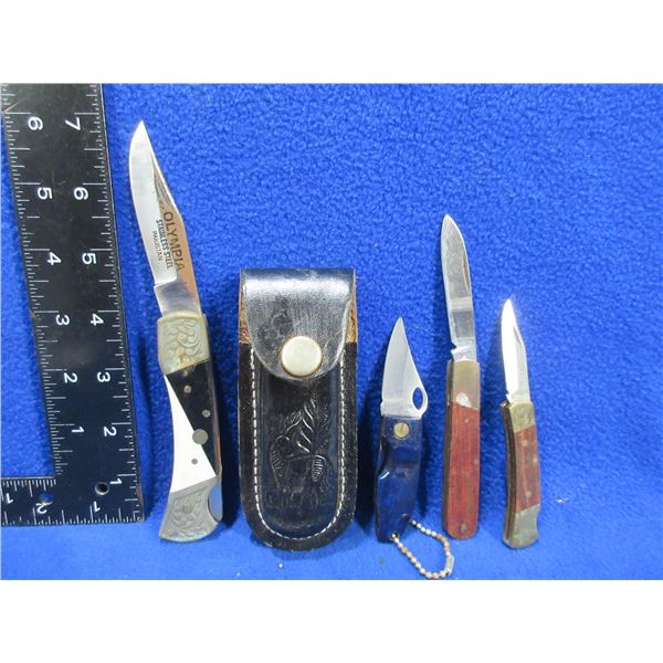 4 Folding Blade Pocket Knives - 1 Has a Leather Sheath